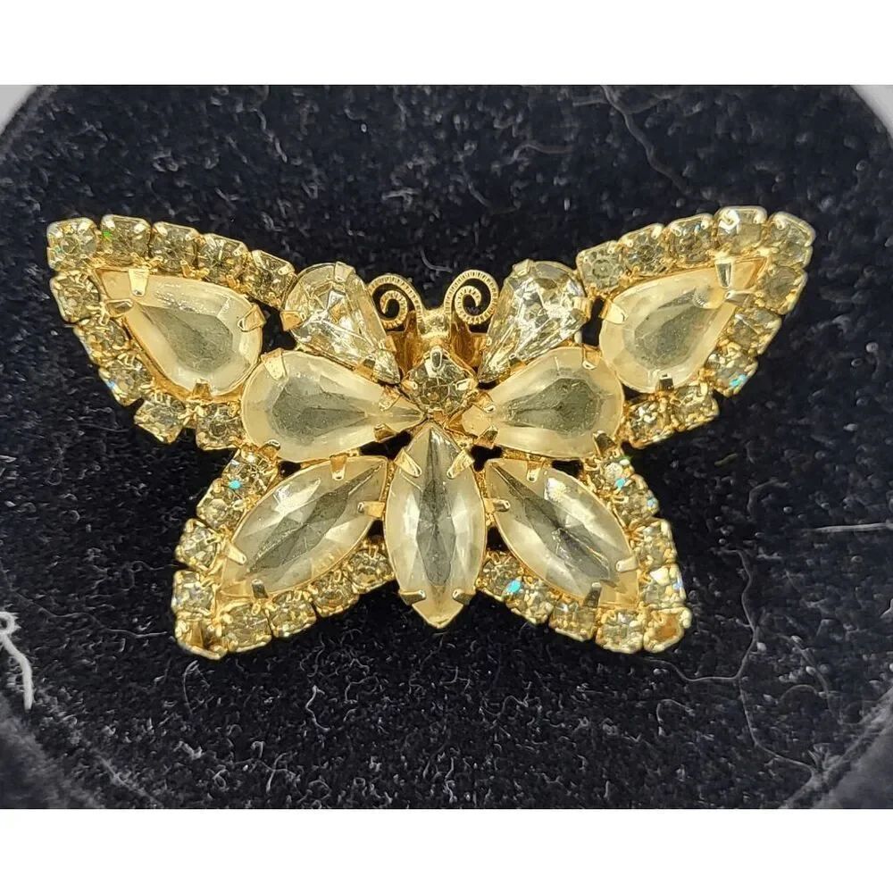 Stunning Vintage 50s Hollywood Glamour Citrine Yellow Butterfly Crystal Brooch 2